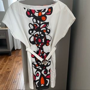 Charlotte Russe - White Belted Blouse with Pattern on Front and Back. Size Med.